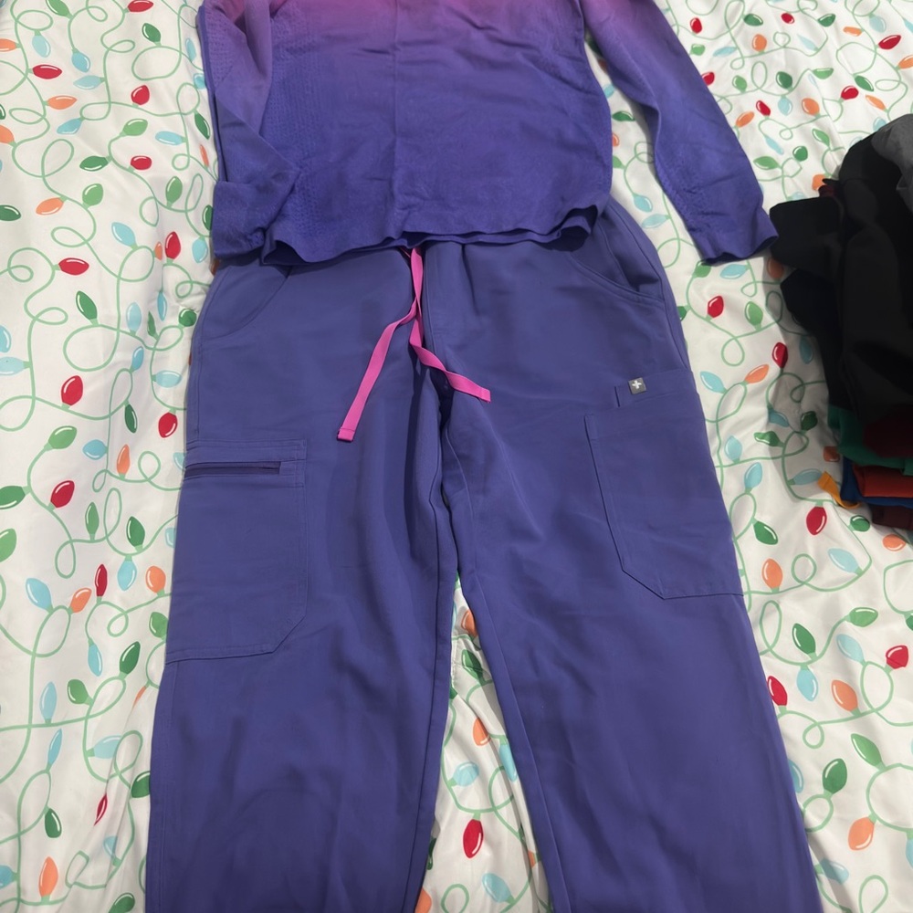 Figs Women's Purple Scrubs Set with Pink Drawstring- size small